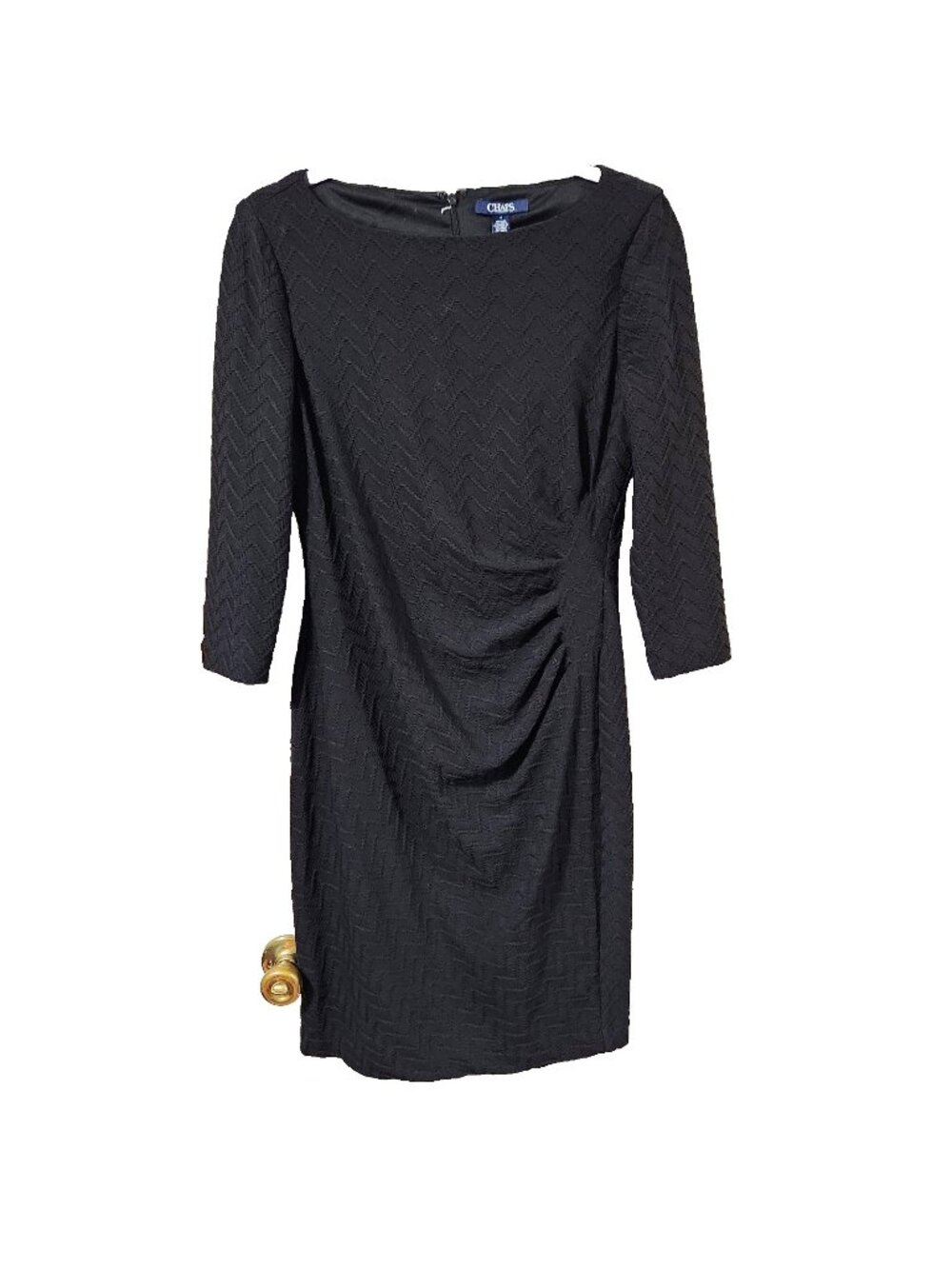 Chaps Black Textured Ruched Dress 3/4 Sleeve Chevron Knit Sheath Classic Size 8